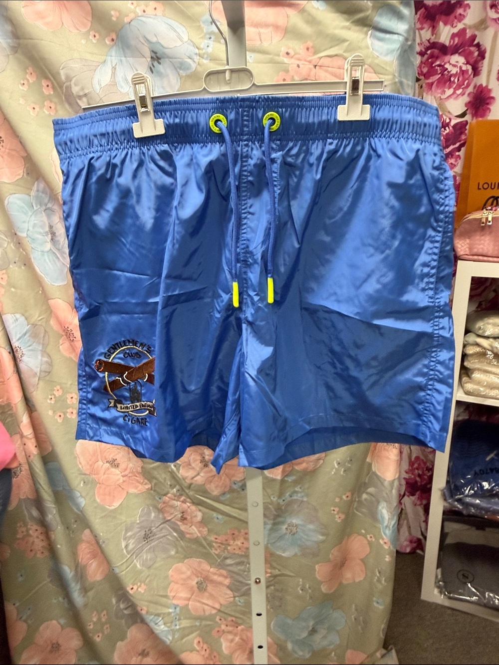 Men's Athletic Swim Shorts in Blue with Contrast Neon Drawcord